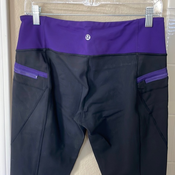 lululemon athletica Pants - New Lululemon dance yoga black pants w ruching, purple waist band pockets 10